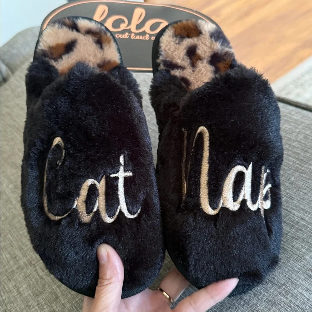 Women Slippers, New House Shoes, Black Brown Gold Embroidered Cat Nap Slippers